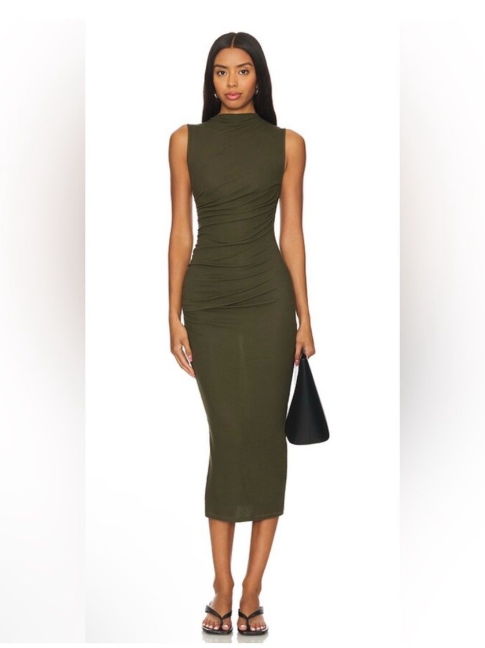 ENZA COSTA Silk Blend Knit Sleeveless Twist Ruched Midi Dress Army Green L $260